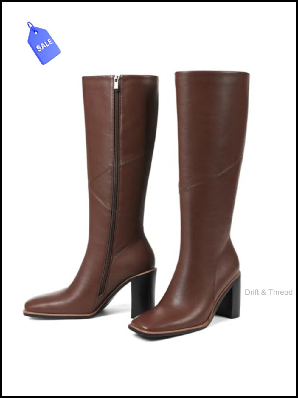 Women's Knee-High Boots Chunky Heel Square Toe Leather Zip Up Tall Boot